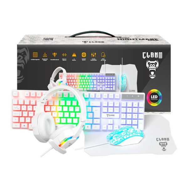 Kit Combo Gamer 4 em 1 Clanm Nightmare Snow Branco RGB LED Rainbow - Teclado ABNT2, Mouse 3600 DPI, Headset Estéreo e Mo