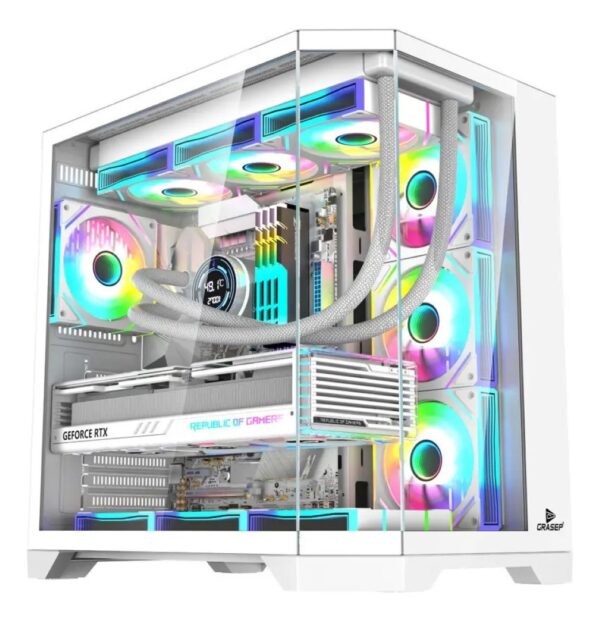 Gabinete Gamer ATX D-ATX08 com 7 Fans RGB-ARGB Inclusos - Design Aquário Vidro Temperado e Suporte para Water Cooler 360